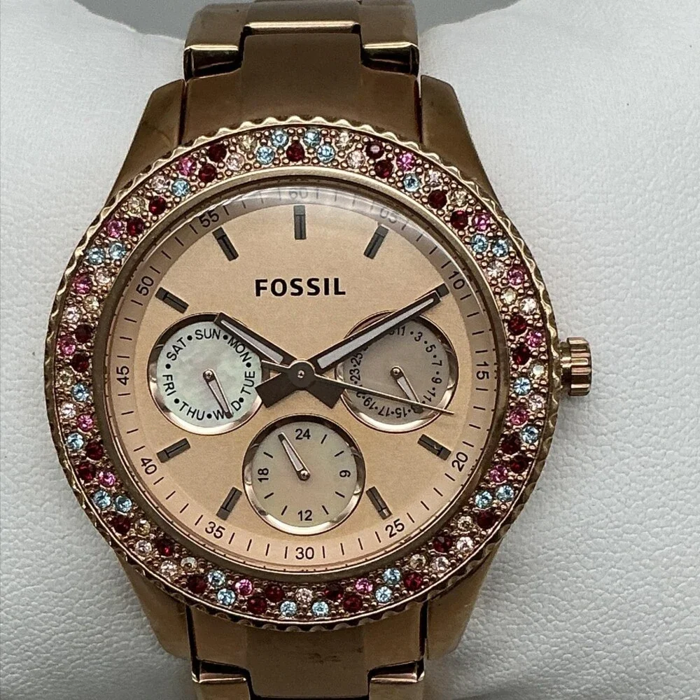 Fossil ES3198 Womens Watch 38mm Rose Gold Tone Crystal Day Date New Battery 6.5